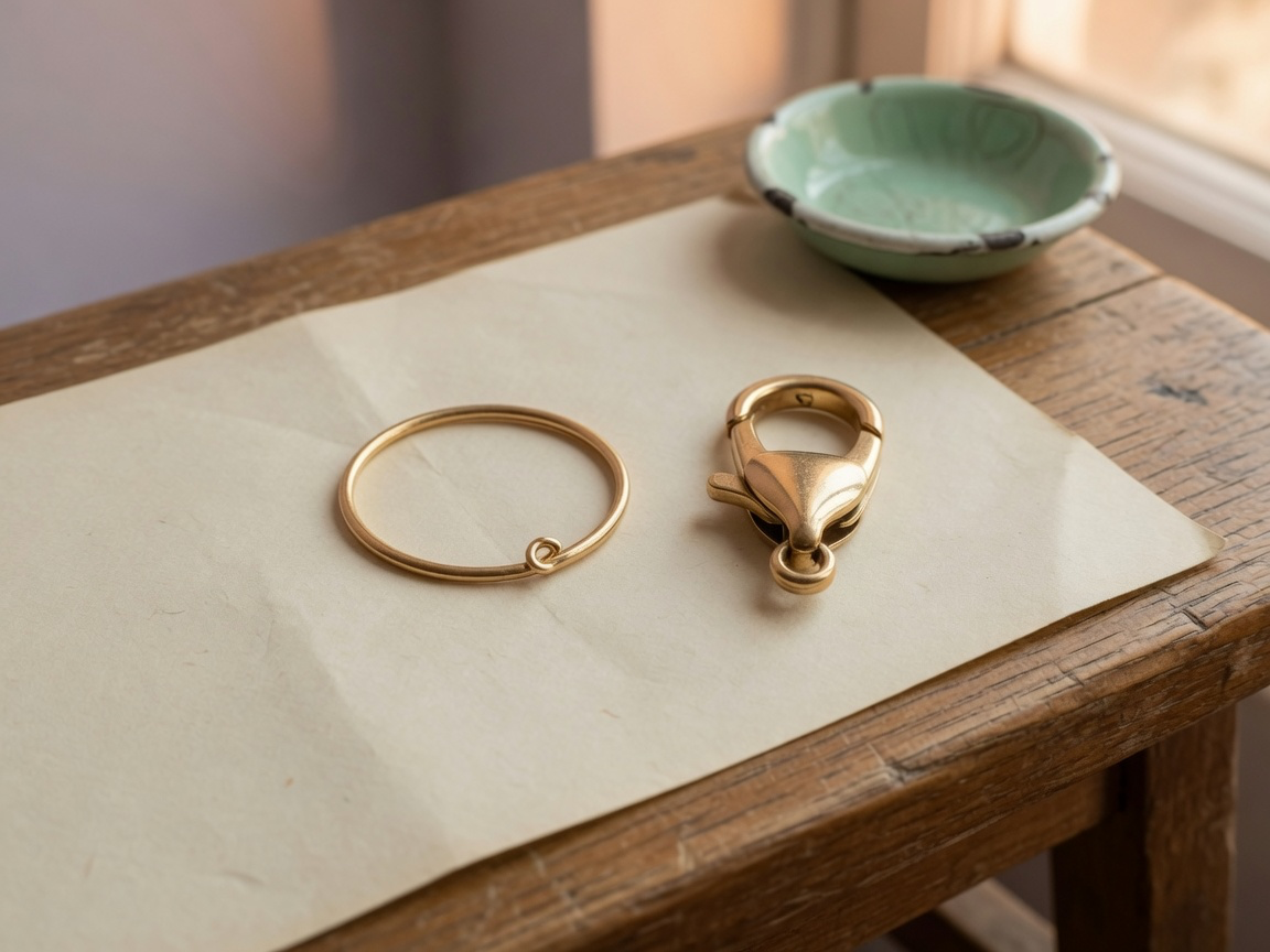 Gold jump ring beside a gold lobster clasp on cream paper