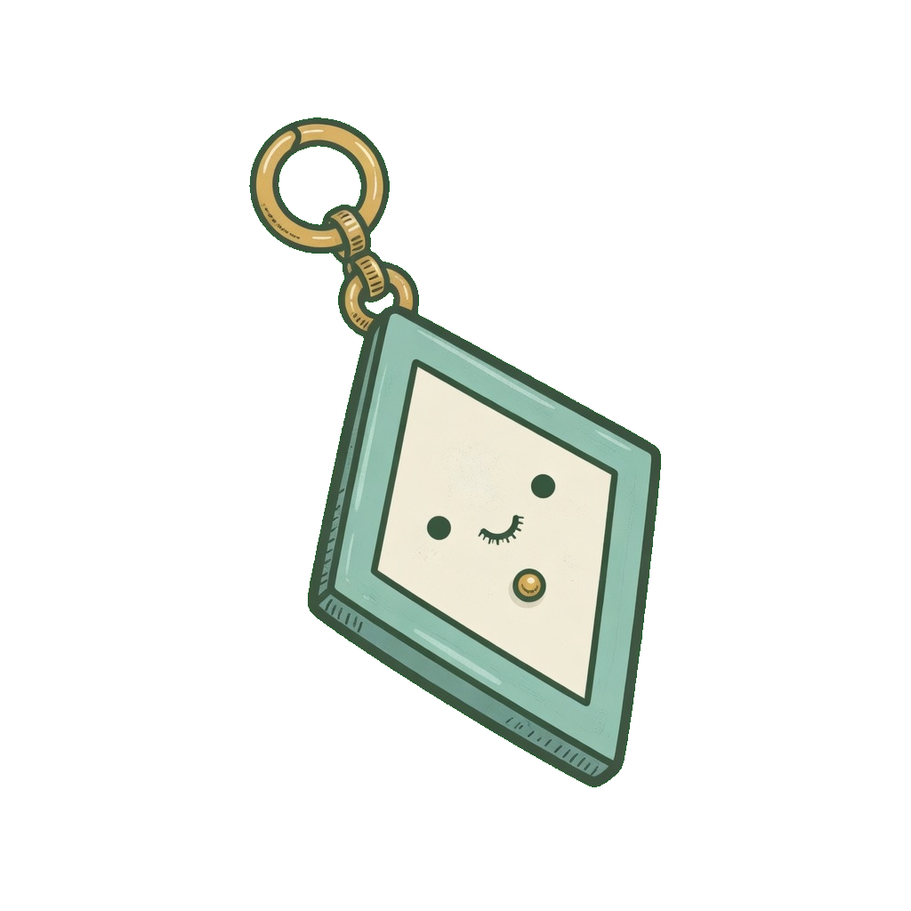 Mint lozenge charm hanging from a gold jump ring, cream face with a wink